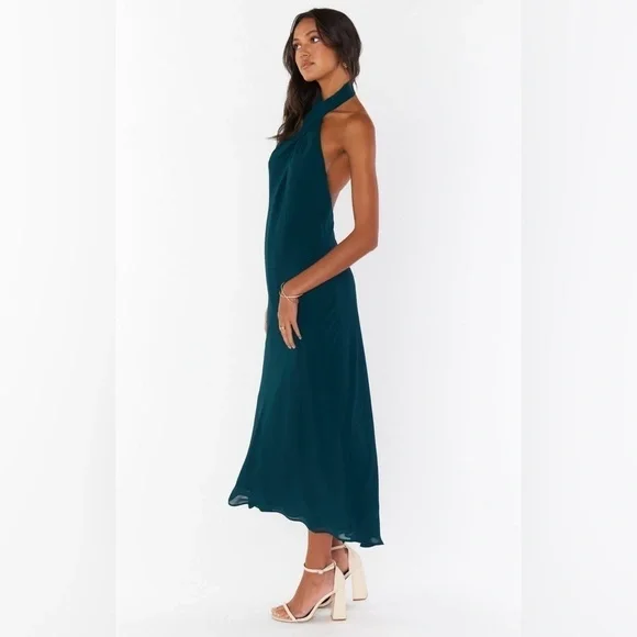 SHOW ME YOUR MUMU Jasmine Halter Midi Dress In Emerald Chiffon -  coffeafoods.com
